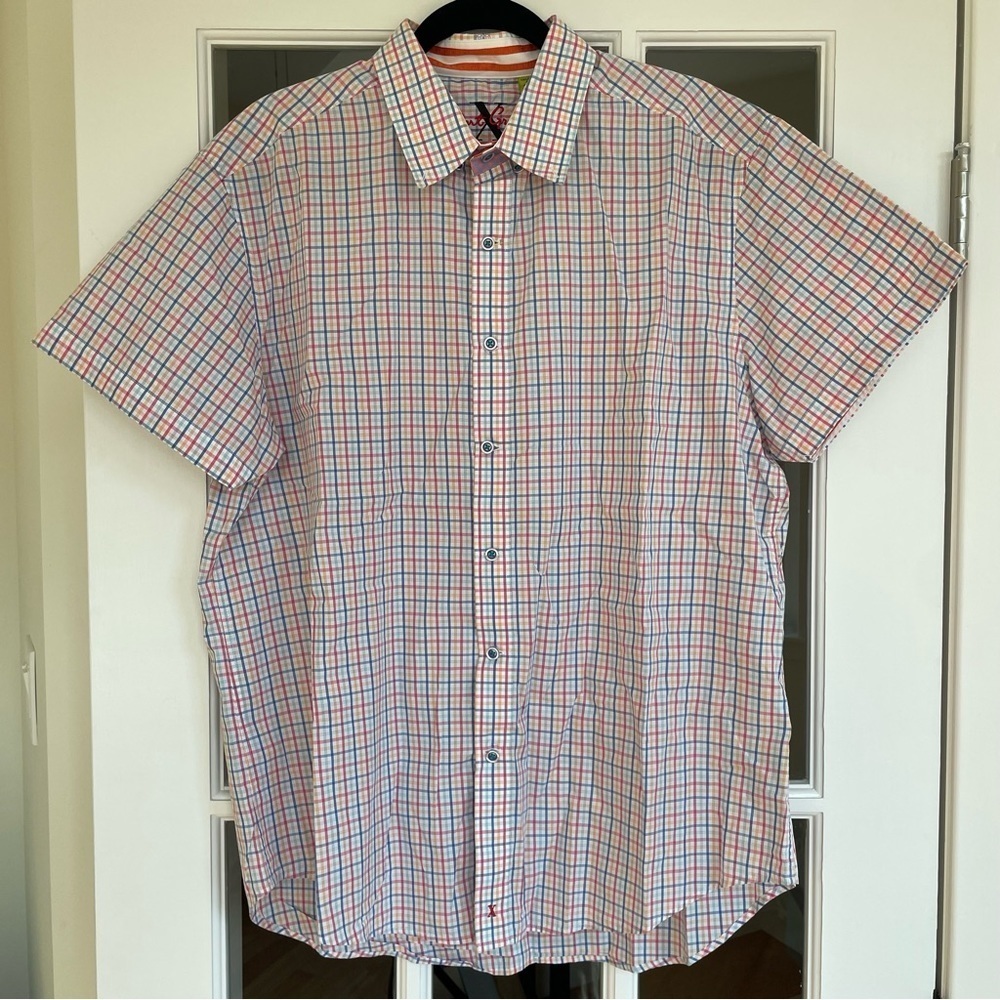 Robert Graham Multicolor Tech Plaid Knit Short Sleeve Cotton Button-Up Shirt 2XL